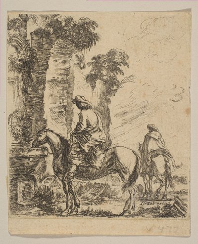Landschap met een ruiter die zijn paard bij een fontein water geeft, uit Various fi..., ca. 1646 door Stefano della Bella