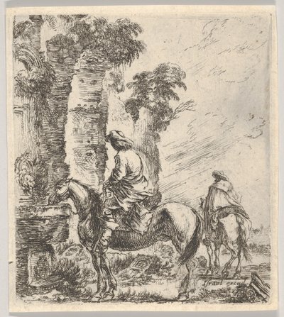 Ruiter die zijn paard laat drinken uit een fontein, ca. 1646 door Stefano della Bella