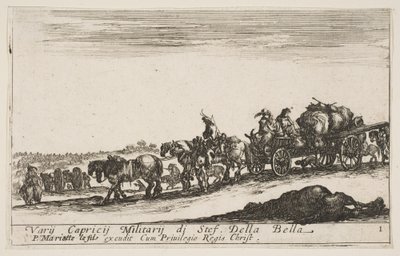 Plaat 1: Een door paarden getrokken kar die mensen en goederen vervoert, dood paard op de voorgrond, ca. 1641 door Stefano della Bella