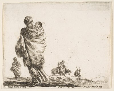 Plaat 21: een arme vrouw links, gezien van achteren, die haar kind in een sjaal wikkelt, ca. 1644-47 door Stefano della Bella