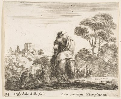 Plaat 24: herder te paard, gezien van achteren, leidt zijn vee een heuvel af, ca. 1644-47 door Stefano della Bella