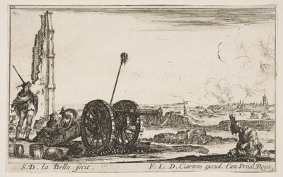 Plaat 2: Een kanon naar links, een stad op de achtergrond, uit Diverse Militaire Capriccio