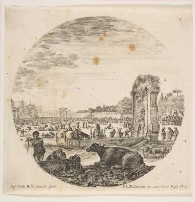 Blad 2: Campo Vaccino, een buffel en twee herders in het midden, de Fontanone rechts door Stefano della Bella