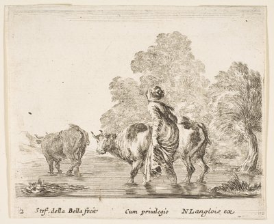 Een boerin drijft twee koeien door een beek, lopend naar links door Stefano della Bella
