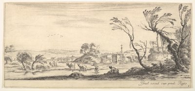 Plaat 2: een boerin die haar schoenen uittrekt in het midden, een andere boerin en twee kinderen, ca. 1641 door Stefano della Bella