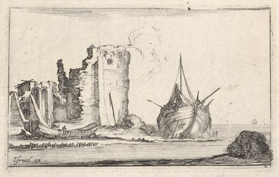 Plaat 2: een schip rechts en een roeiboot links, aangespoeld op de kust, een toren in ruïnes, ca. 1642 door Stefano della Bella