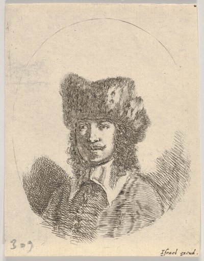 Plaat 2: hoofd van een man met snor en bontmuts naar links, een ovale compositie, 1650 door Stefano della Bella