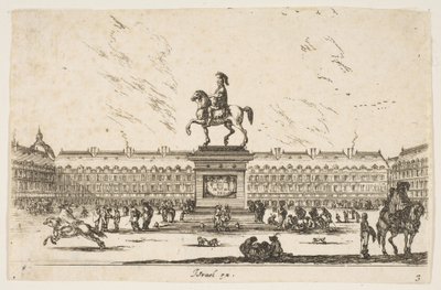 Plaat 3: La Place Royale, ruiterstandbeeld van Lodewijk XIII in profiel naar links in ce..., 1642 door Stefano della Bella