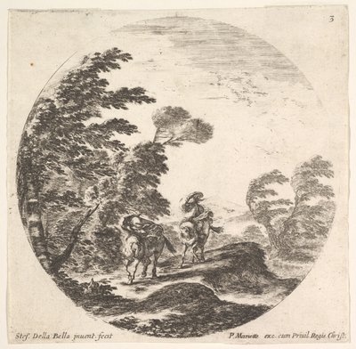 Plaat 3: een storm in het bos, twee ruiters gewikkeld in hun mantels, de wind waait, ca. 1643-48 door Stefano della Bella