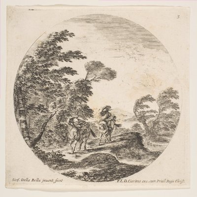 Plaat 3: een storm in het bos, twee ruiters gewikkeld in hun mantels, met de wind blo..., ca. 1646 door Stefano della Bella