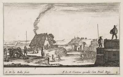 Plaat 4: Een militair kampement met een soldaat die op een borstwering staat naar rechts, ca. 1641 door Stefano della Bella