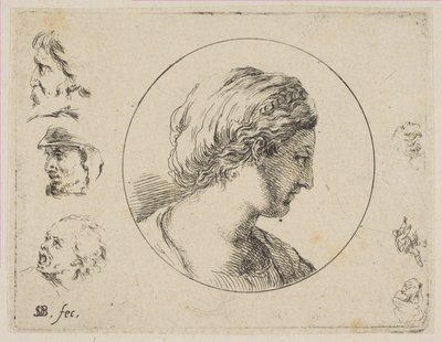 Hoofd van een vrouw in profiel, uit Tweede verzameling van diverse krabbels en etsen, ca. 1646 door Stefano della Bella