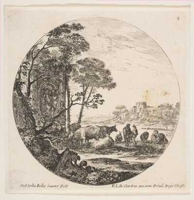 Corinthisch kapiteel op de grond links, een monument met figuren in reliëf, ca. 1646 door Stefano della Bella