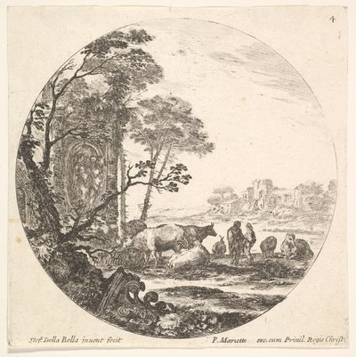Plaat 4: een Korinthisch kapiteel op de grond naar links op de voorgrond, een monument, ca. 1643-48 door Stefano della Bella