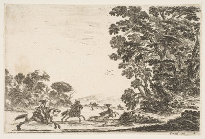 Plaat 4: een hertenjacht, twee ruiters galopperen naar links achter drie honden en een hert, 1642 door Stefano della Bella