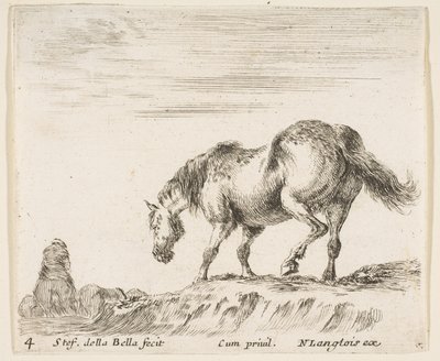 Plaat 4: een paard in profiel naar links, op het punt om van een heuvel af te dalen, een paard..., ca. 1644-47 door Stefano della Bella