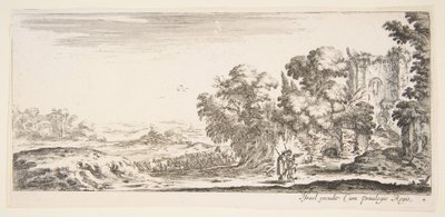 Twee pelgrims die ruïnes observeren naar rechts, een wijst naar rechts, een herder..., ca. 1641 door Stefano della Bella