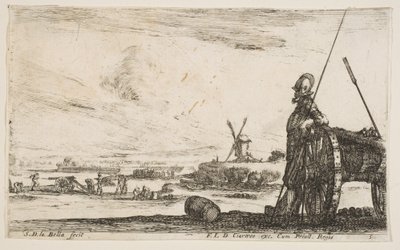 Pikeman staande rechts naast een kanon, andere militaire figuren, ca. 1641 door Stefano della Bella
