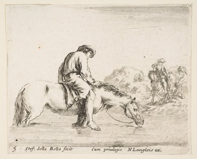 Plaat 5: een blootsvoetse boer te paard die een rivier oversteekt, een andere boer te paard..., ca. 1644-47 door Stefano della Bella