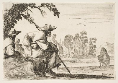 Plaat 5: twee pelgrims met hoeden rusten links, gezien van achteren, een ruiter rijdt naar door Stefano della Bella