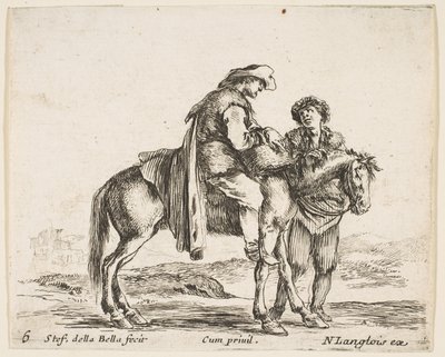 Plaat 6: een boer te paard in profiel naar rechts, met een mand door Stefano della Bella