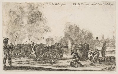 Batterij van kanonnen die op een stad vuren, uit Various Military Caprices Varii door Stefano della Bella