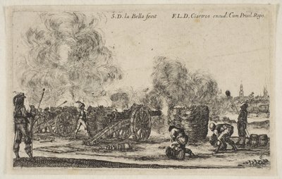 Plaat 6: batterij kanonnen die op een stad vuren, uit Diverse militaire caprices Varii, ca. 1641 door Stefano della Bella