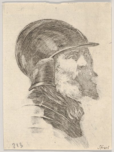 Plaat 6: hoofd van een oude bebaarde soldaat met een helm naar rechts, uit Diverse hoofden door Stefano della Bella