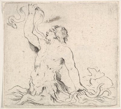 Plaat 7: een triton in het water, naar links gericht, een paling in zijn rechterhand houdend door Stefano della Bella