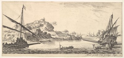 Plaat 8: Aan de boeg van een galei links en een andere galei rechts, gezien van achteren..., ca. 1641 door Stefano della Bella