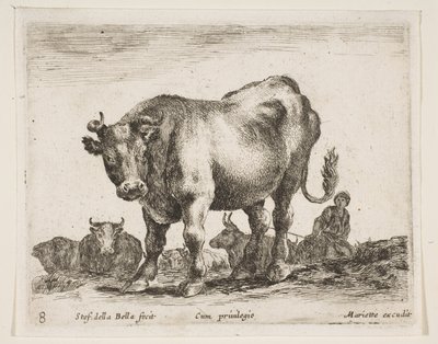 Plaat 8: koe, uit Diverse dieren Diversi animali, ca. 1641 door Stefano della Bella