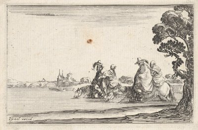 Plaat 8: twee ruiters met hoeden rechts, elk met een vrouw achter hen zittend, rijdend, ca. 1642 door Stefano della Bella