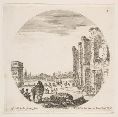 Plaat 9: de Boog van Constantijn links, een deel van het Colosseum rechts, verschillende paarden door Stefano della Bella