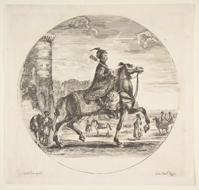 Poolse ruiter in profiel naar rechts, een toren en andere figuren op paarden op de achtergrond door Stefano della Bella