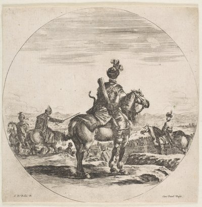 Poolse ruiter met boog en pijl, gezien van achteren met zijn paard naar rechts, ca. 1651 door Stefano della Bella