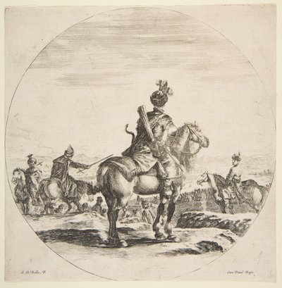 Poolse ruiter met boog en pijl, gezien van achteren met zijn paard naar rechts gericht, een..., ca. 1651 door Stefano della Bella