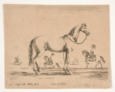 Ruiterloos paard, met ruiters die dressuur doen op de achtergrond door Stefano della Bella