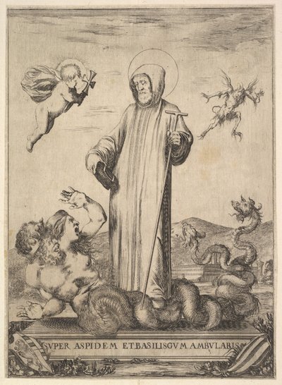 Sint Jean Gualbert vertrapt een monster met twee menselijke hoofden en een slangachtig lichaam, een vliegende..., 1640 door Stefano della Bella