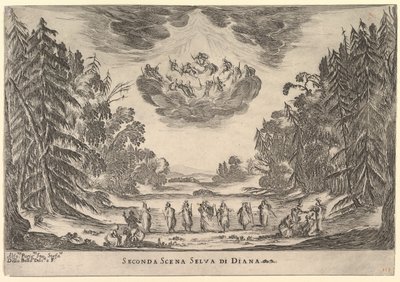 Tweede scène, in het bos van Diana, uit Het huwelijk van de goden Le nozze degli Dei, 1637 door Stefano della Bella