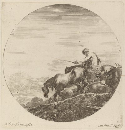 Herder op een Paard die een Kudde Verschillende Dieren Drijft door Stefano della Bella