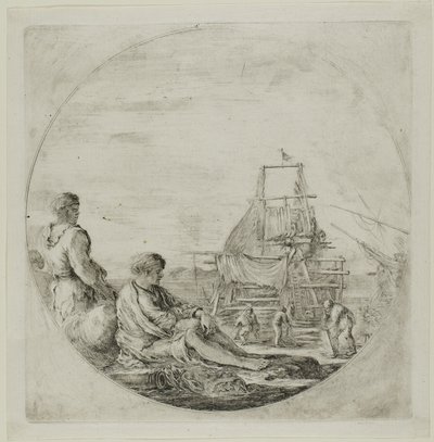 Scheepswerf met twee matrozen door Stefano della Bella