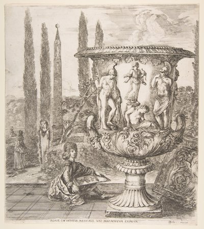 De Medici vaas, een grote vaas rechts versierd met een voorstelling van het offer door Stefano della Bella