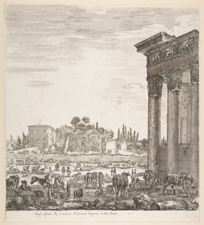 De zuilen van de Tempel van Antoninus rechts, een deel van het Campo Vaccino in het midden, 1656 door Stefano della Bella