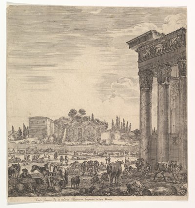De zuilen van de Tempel van Antoninus rechts, een deel van het Campo Vaccino in het midden door Stefano della Bella