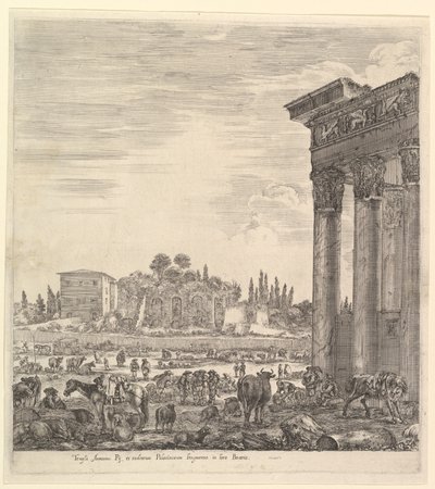 De zuilen van de Tempel van Antoninus rechts, een deel van het Campo Vaccino in het midden, 1656 door Stefano della Bella