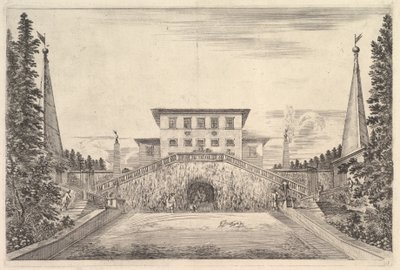 De villa geflankeerd door vier obelisken, een trap aan weerszijden, een standbeeld, ca. 1653 door Stefano della Bella