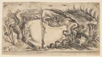 Twee verschillende helften van cartouches, elk een adelaar die vecht met een slang tonend, 1646 door Stefano della Bella