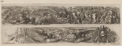 Twee decoratieve banden met geketende luipaarden en adelaars door Stefano della Bella
