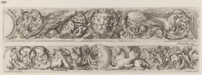 Twee decoratieve banden met hoofd van een leeuw en vrouw, waarschijnlijk 1648 door Stefano della Bella