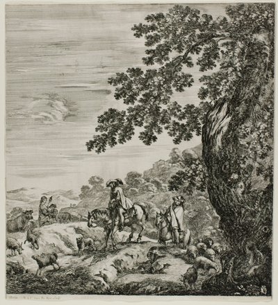 Twee ruiters passeren een kudde, plaat vijf uit De Zes Grote Zichten van Rome en de Campagna door Stefano della Bella